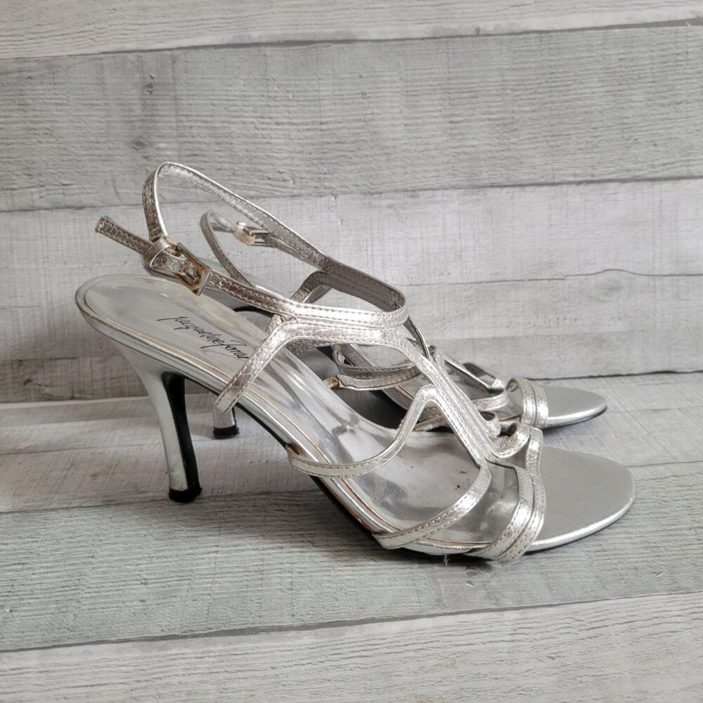 Jaqueline Ferrar Silver Strappy Stiletto Heels 3.5" Womens Shoes 7m